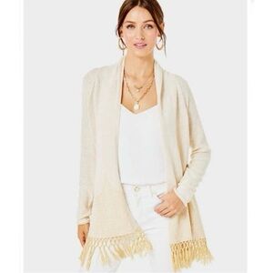 Lilly Pulitzer Cream Gold Tatum Fringe Coastal Hamptons Nantucket Cardigan- XS